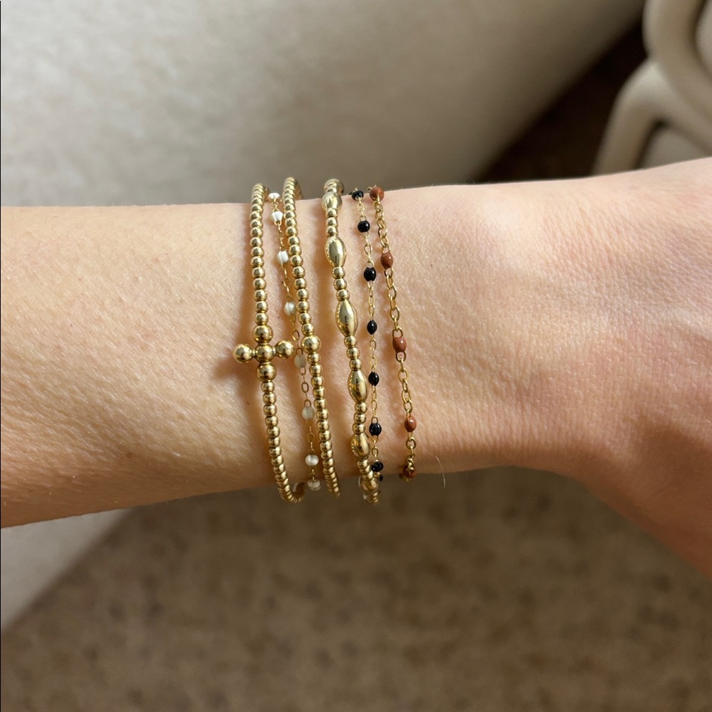 Dainty gold and brown beaded look adjustable bracelet delicate jeweled chain
